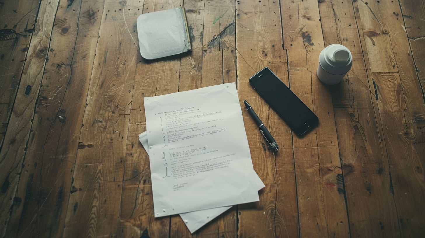 A printed script, a pen and a phone on a wooden floor