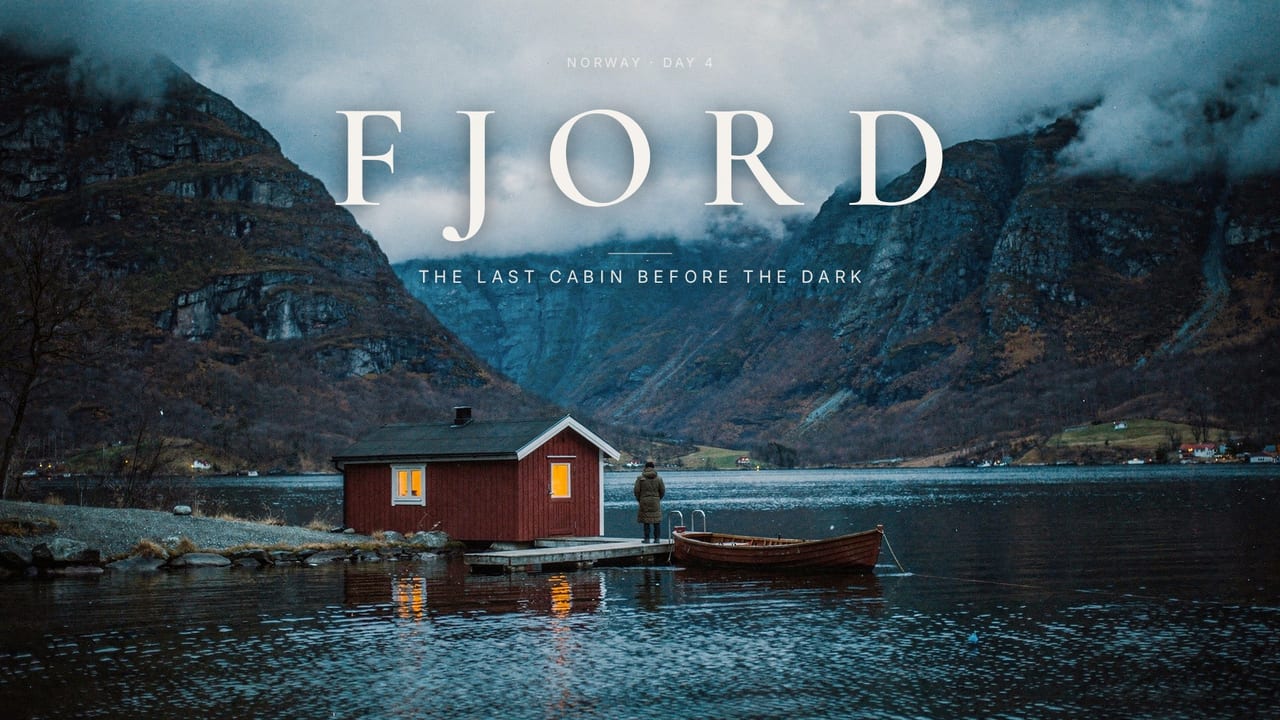 A finished cinematic thumbnail: a red cabin with lit windows on a fjord at blue hour, the title Fjord set in a tracked serif above it