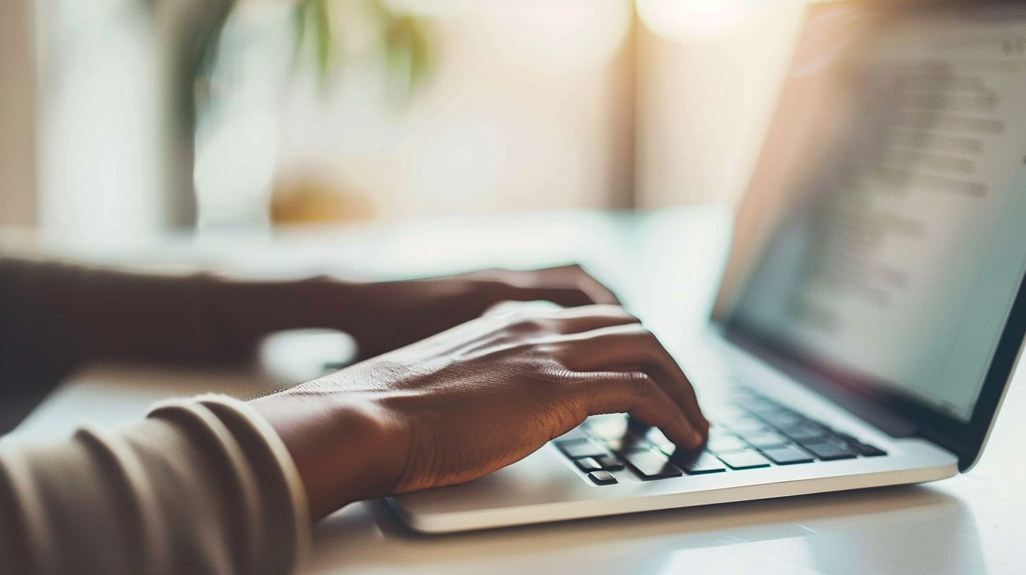 Hands typing on a laptop keyboard in soft window light