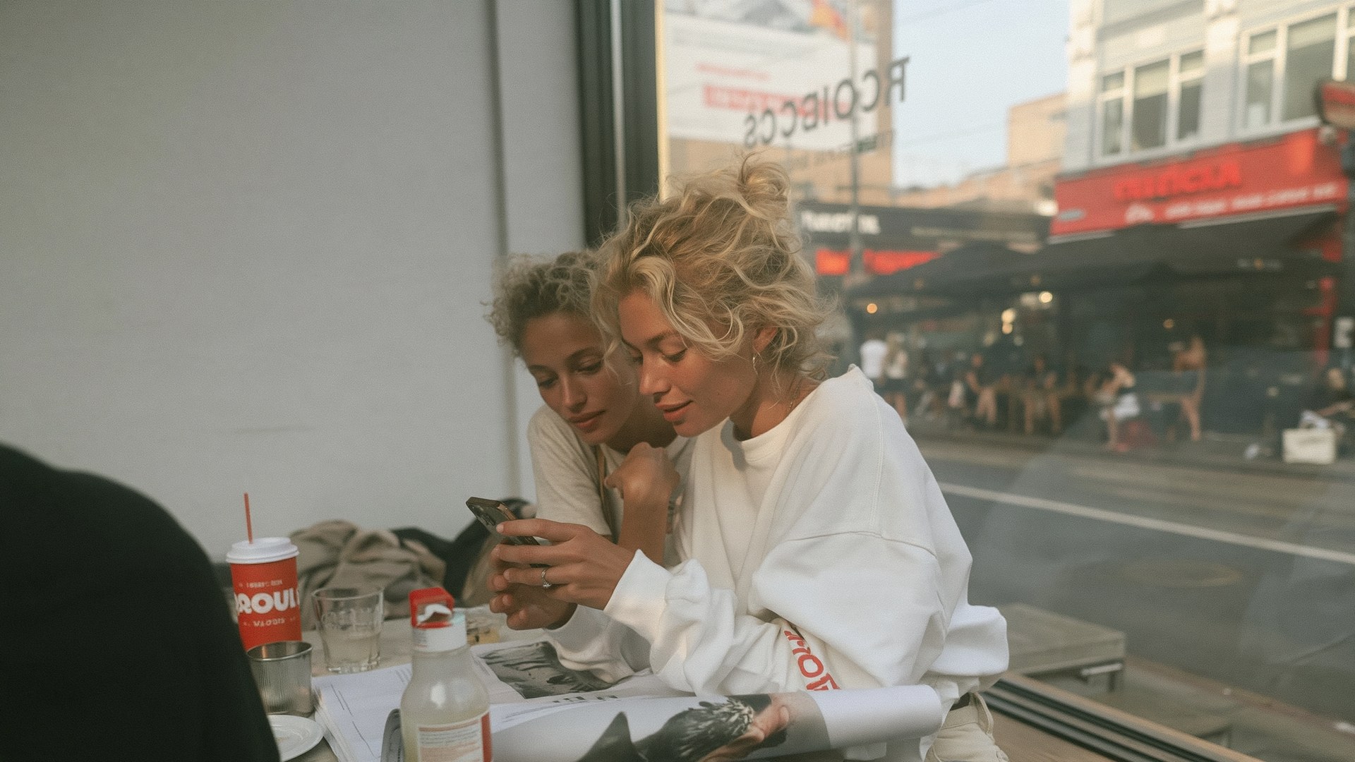 Two people at a café table looking at a phone together
