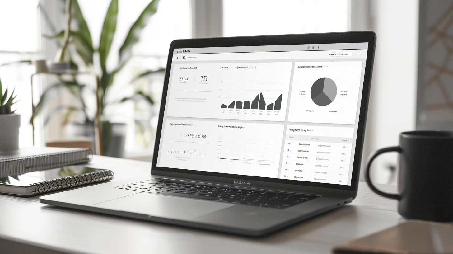 A laptop showing an analytics dashboard on a desk next to a mug