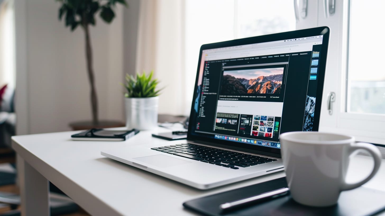 A laptop with a video editor open on a white desk beside a coffee cup