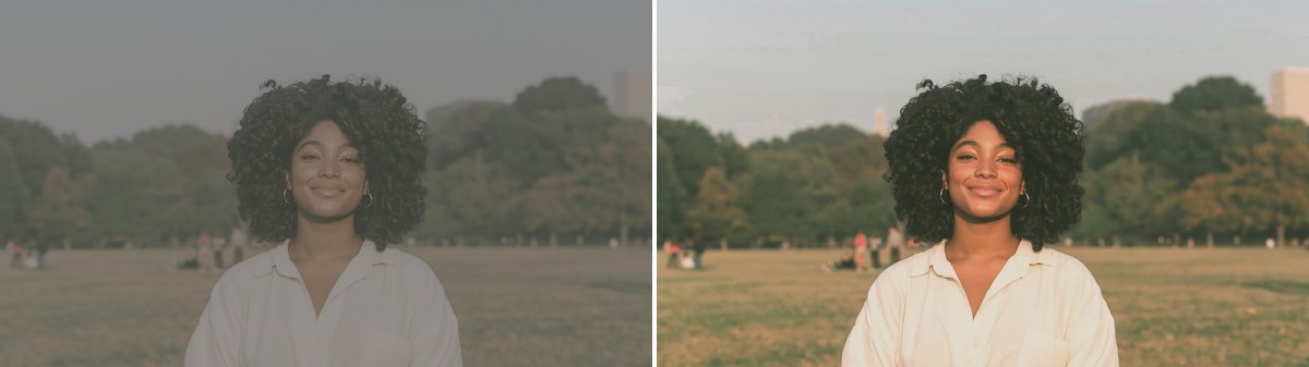 A portrait as flat S-Log3 on the left and graded with the Skin First LUT on the right