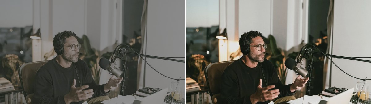 The same frame as flat S-Log3 on the left and graded with the Studio Tone LUT on the right